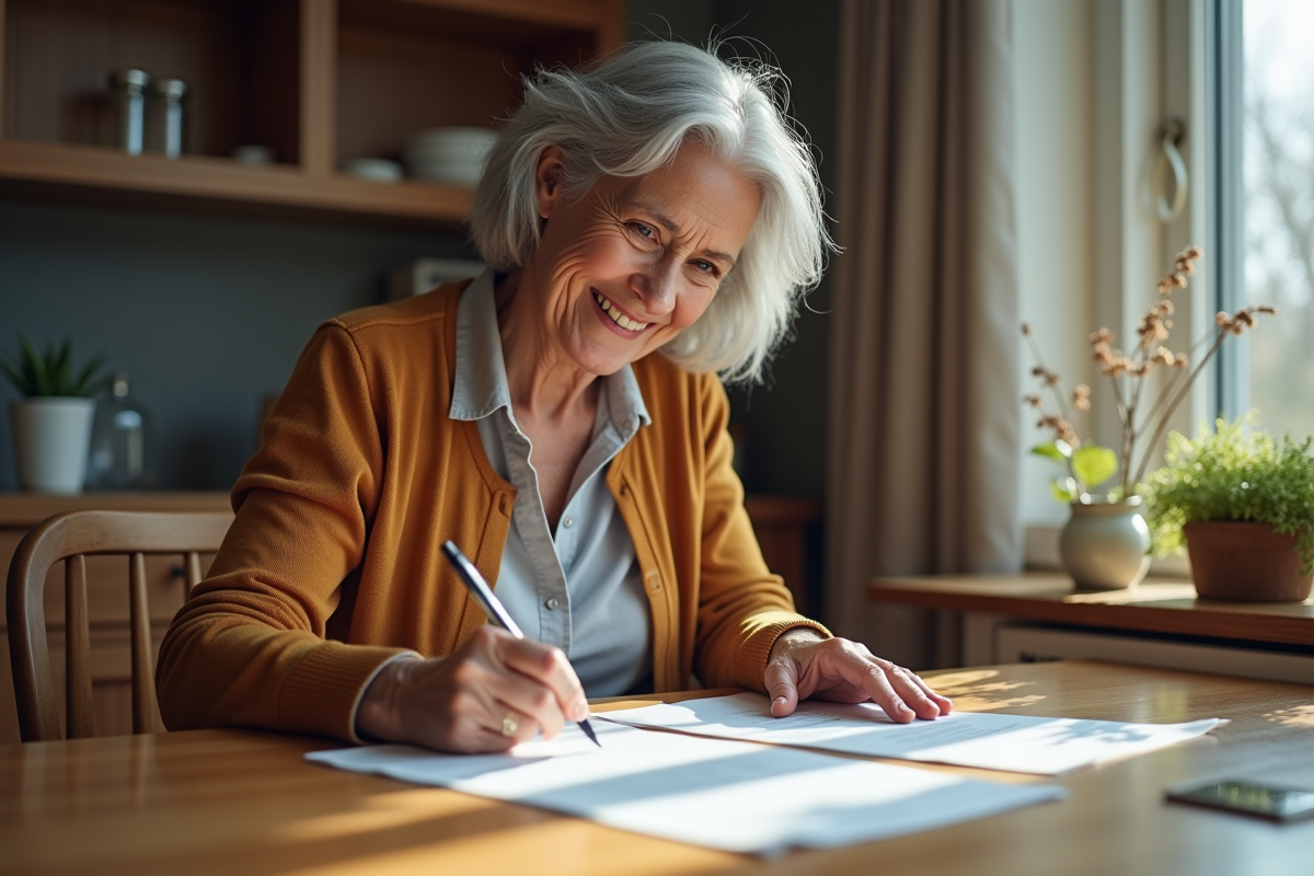 Femme retraitée souriante à la maison en train de lire des documents