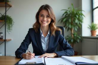 Femme en costume navy organisant des documents officiels