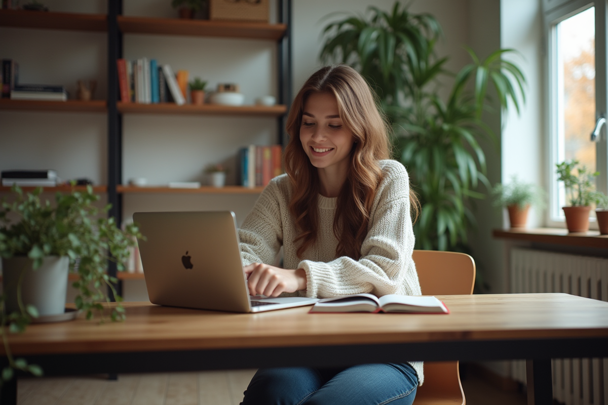Jeune femme pensive dans un espace de travail cosy