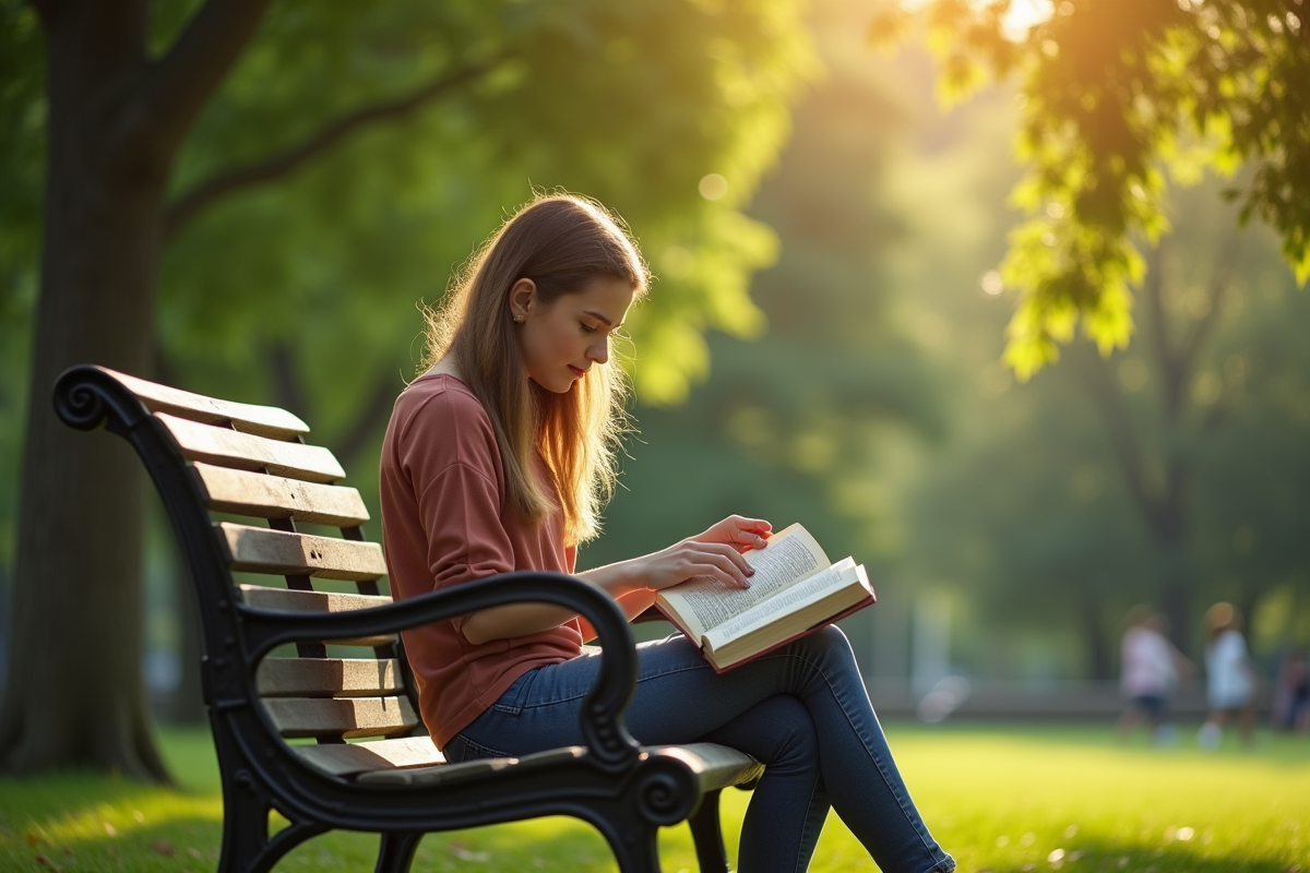 Jeune femme lisant un livre sur un banc dans un parc verdoyant