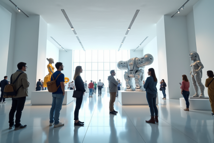 Galerie d'art moderne avec sculptures futuristes et installations digitales
