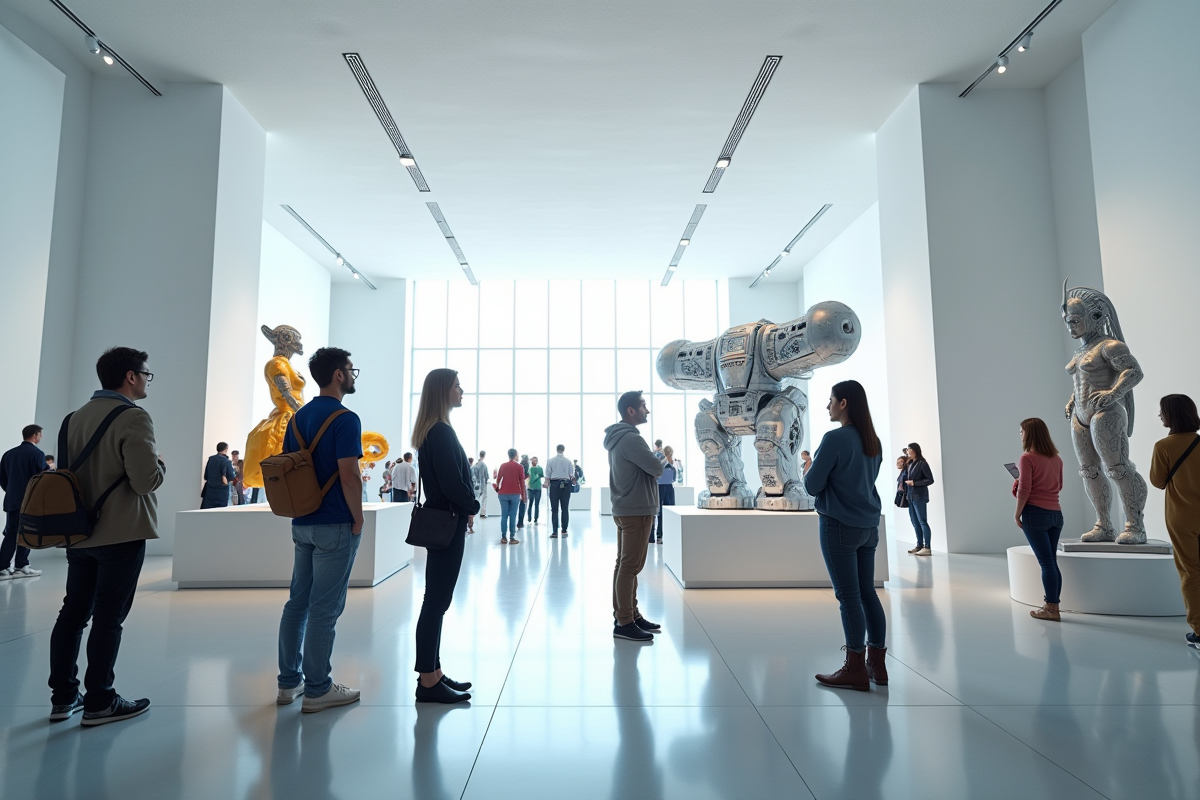 Galerie d'art moderne avec sculptures futuristes et installations digitales