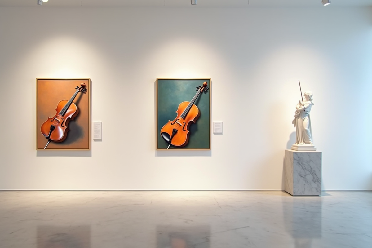 Exposition d une peinture abstraite d un instrument à cordes et d une statue en marbre