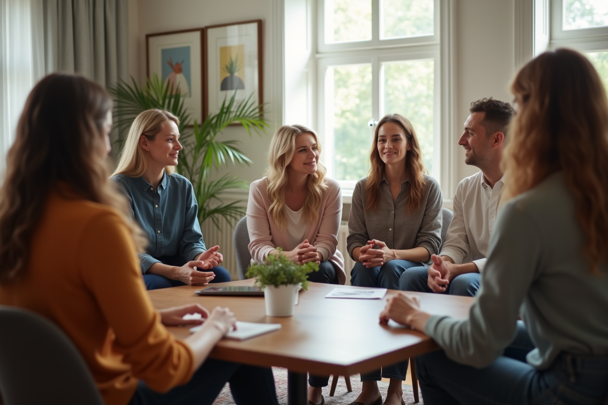 Groupe de coaching en cercle dans une salle chaleureuse