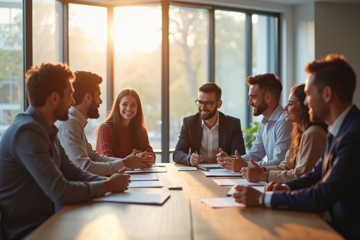 Groupe de personnes diverses en discussion dans une salle lumineuse