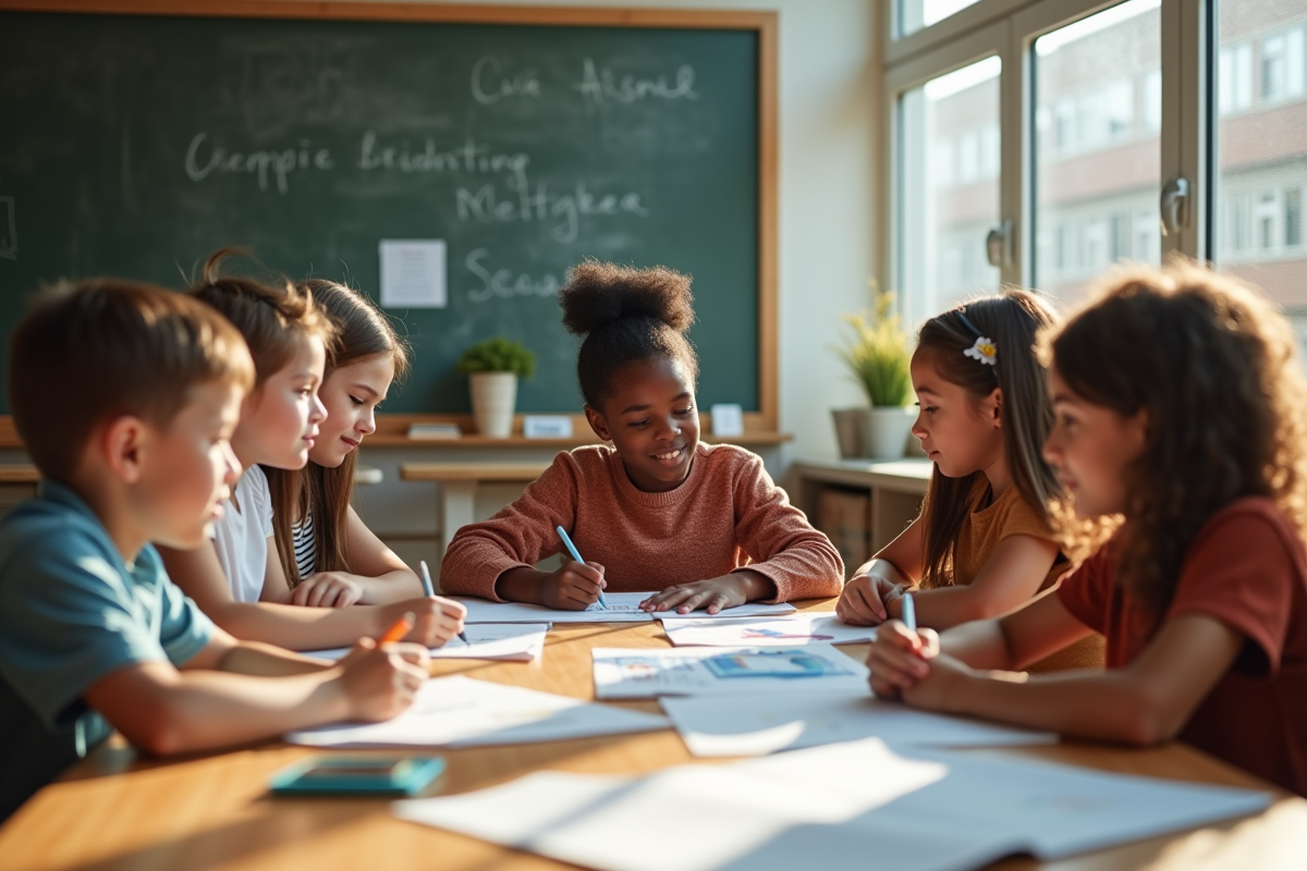Groupe d'étudiants et professeur autour d'une table en classe