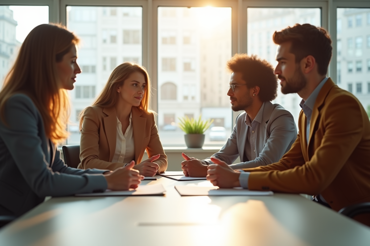 Quatre personnes concentrées autour d'une table lumineuse