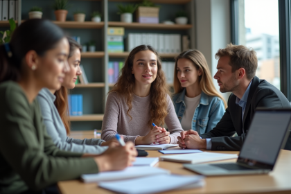 Groupe d'&eacute;tudiants en discussion dans une salle moderne