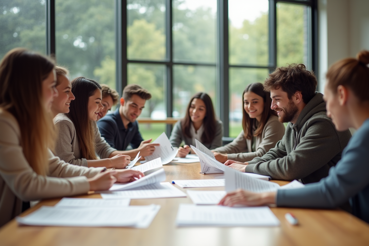 Groupe d'étudiants divers discutant de diplômes dans une salle lumineuse