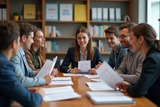 Groupe d'étudiants en discussion dans une salle moderne