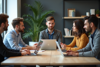 Groupe de jeunes adultes en réunion dans un bureau moderne
