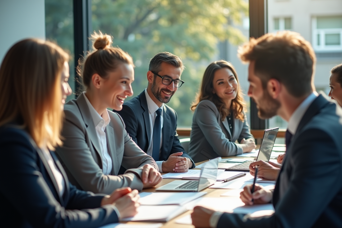 Groupe de professionnels en réunion dans un bureau lumineux