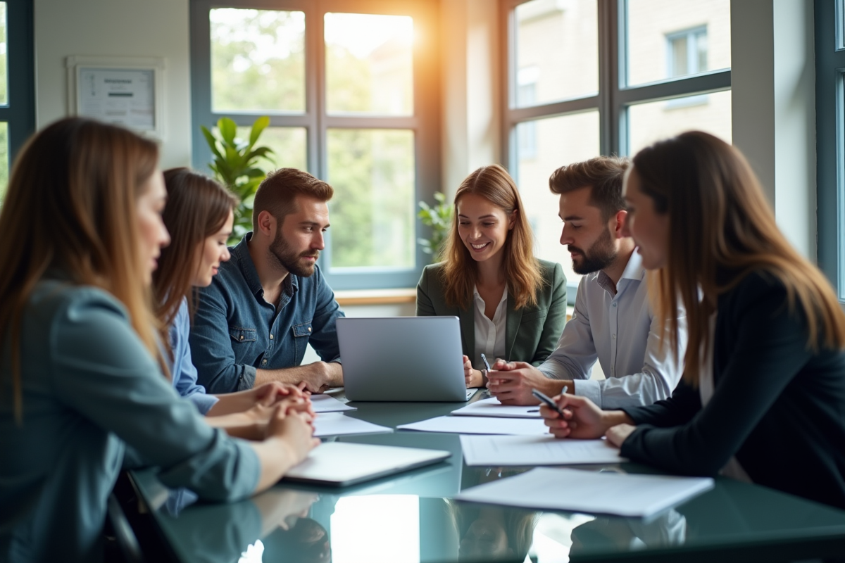 Groupe de professionnels en réunion dans un bureau lumineux
