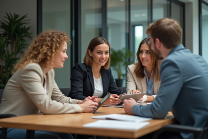 Groupe de professionnels en r&eacute;union dans un bureau moderne