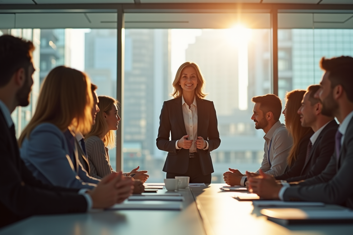 Groupe de professionnels en réunion de travail dynamique