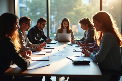 Groupe de jeunes professionnels en réunion avec objectifs
