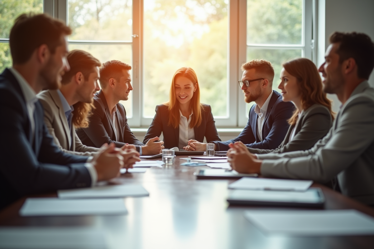 Groupe de professionnels lors d'une réunion en bureau lumineux