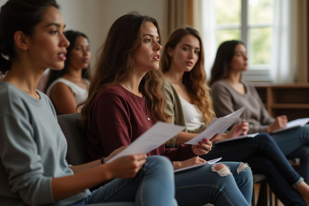 Groupe divers en répétition théâtre avec scripts et émotions
