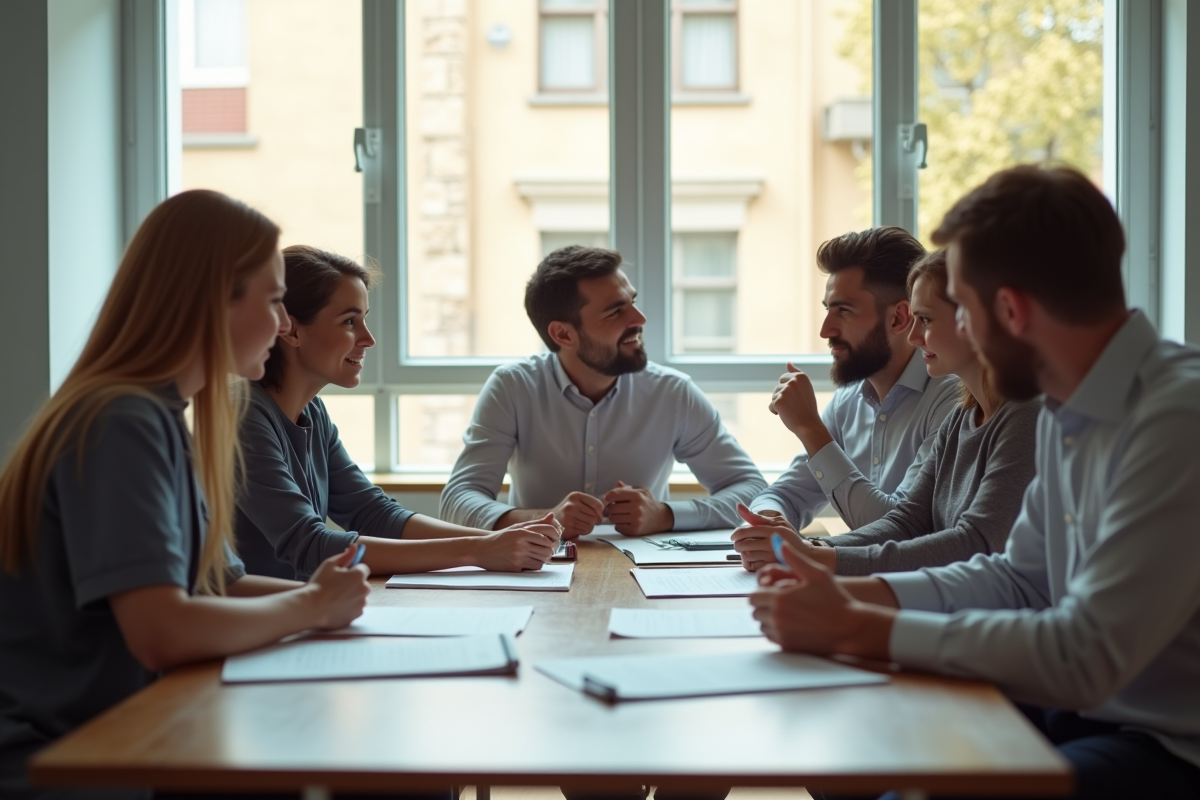 Groupe diversifié en réunion de travail dans un bureau lumineux