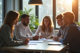 Groupe de jeunes et professionnels en réunion de formation