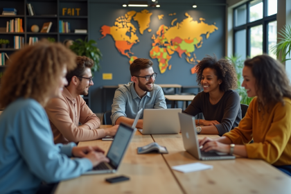 Groupe de jeunes adultes en coworking connectes