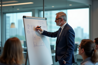 Homme d'affaires en costume annotant un diagramme en réunion