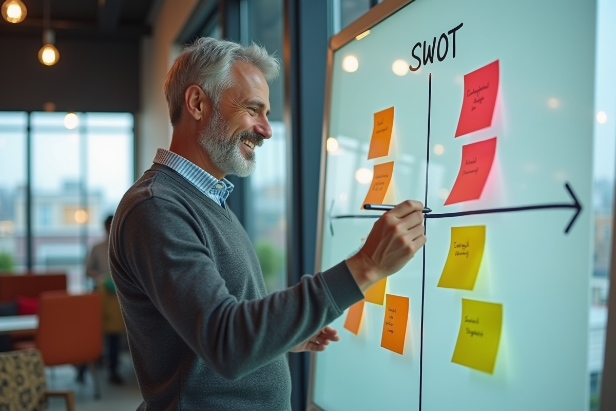 Homme en coworking analysant un SWOT avec des notes colorées