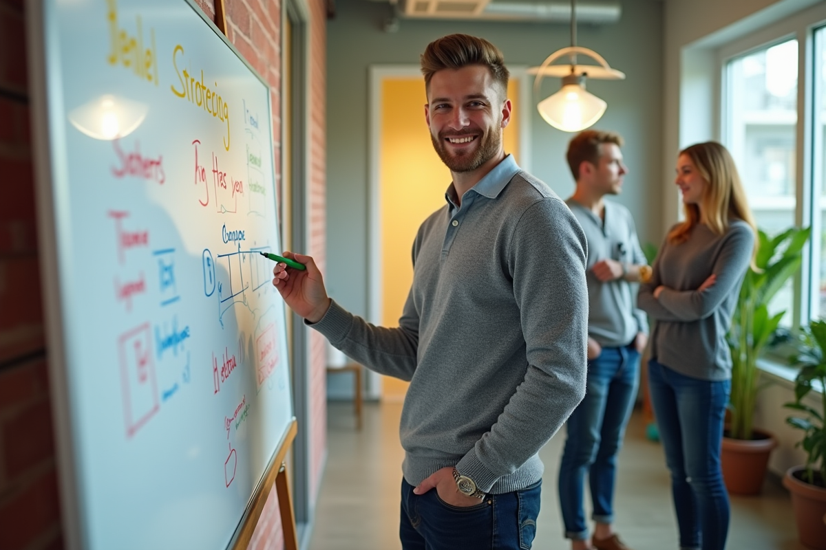 Homme en réunion stratégique avec tableau blanc