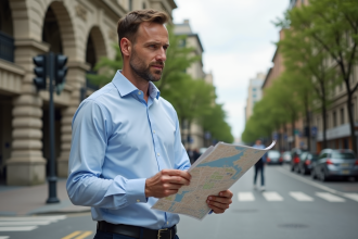Homme d'âge moyen regardant une carte en ville