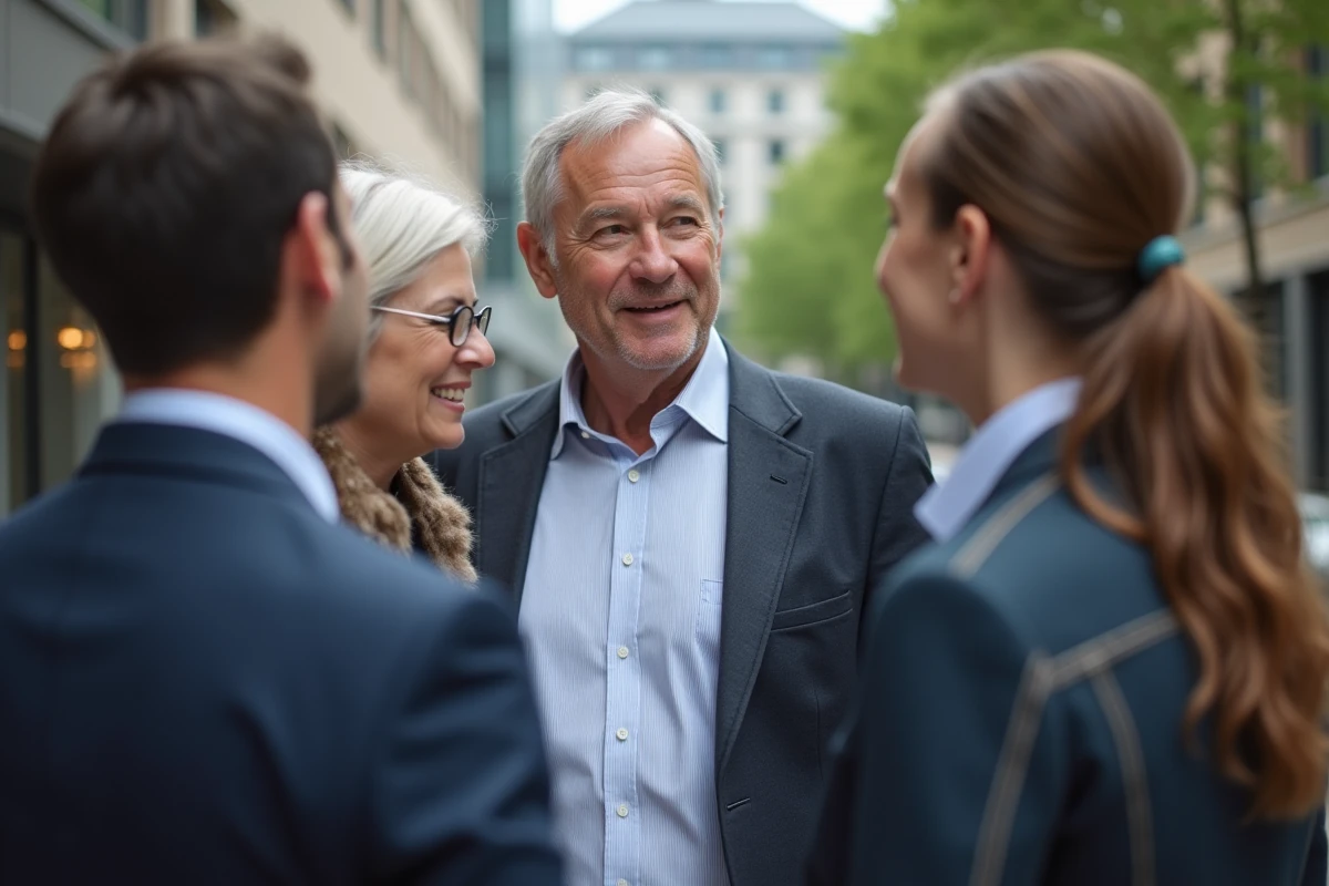 Homme mature en discussion en extérieur en ville