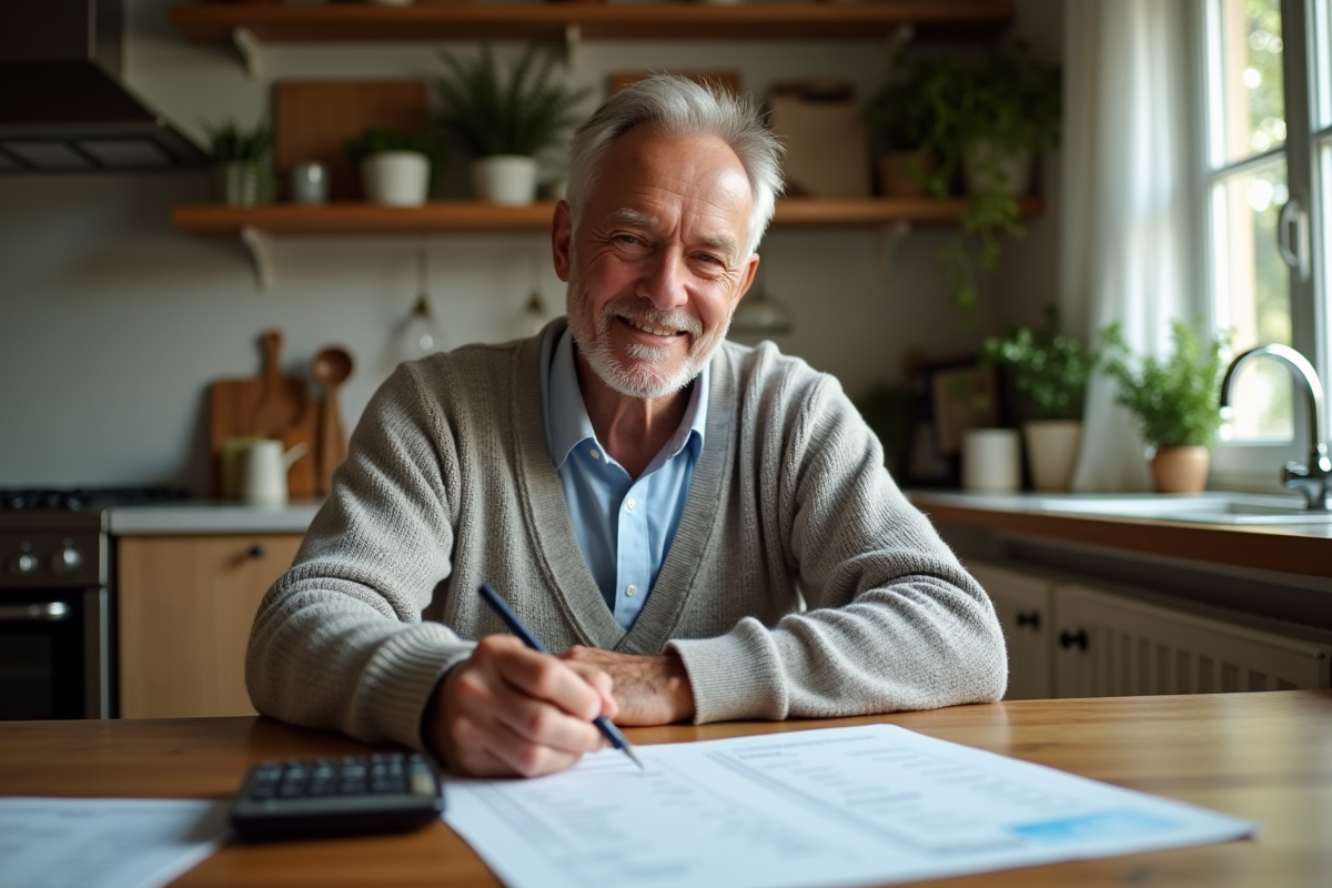 Homme à la maison remplissant des papiers financiers