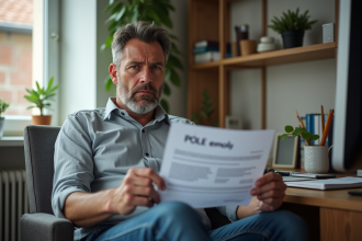 Homme d'âge moyen lisant une lettre Pôle emploi dans un bureau