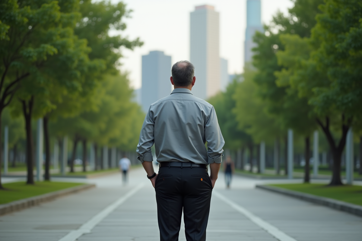 Homme contemplant trois chemins dans un parc urbain