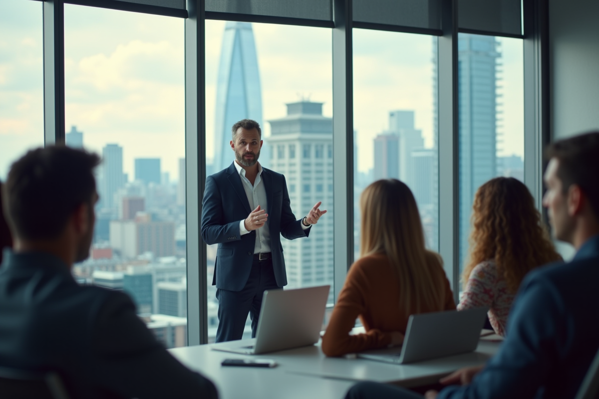 Homme professionnel donnant une présentation motivante en milieu de travail