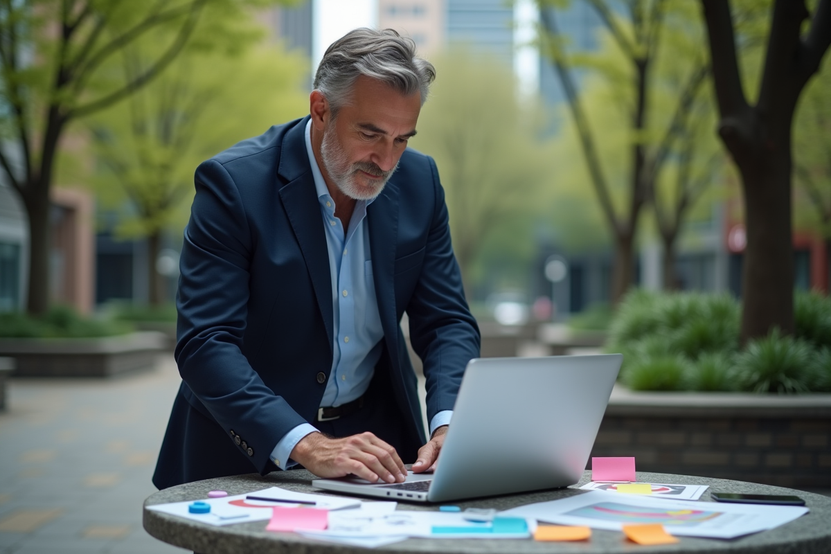 Homme organisant des notes colorées en extérieur