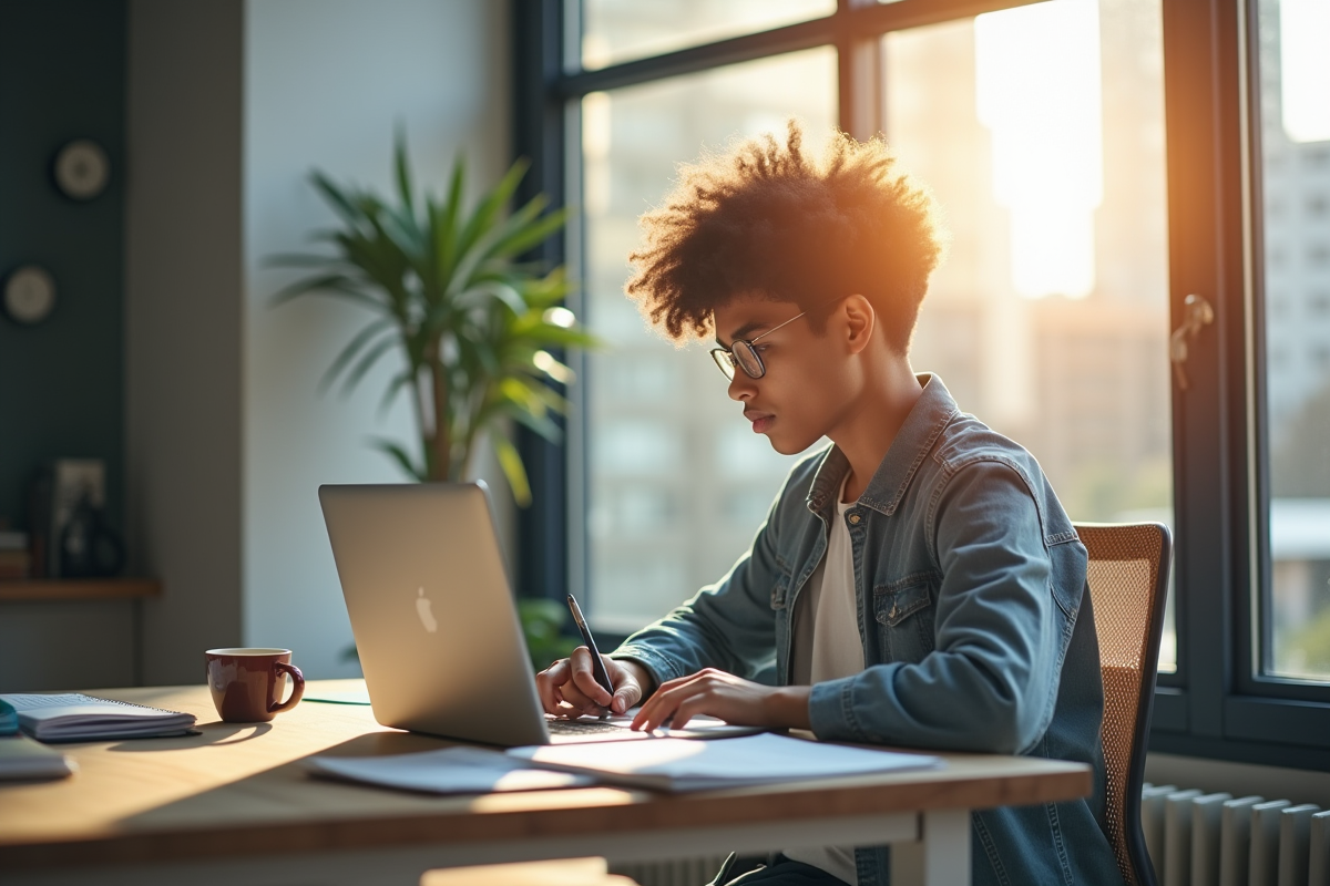 Jeune adulte travaillant sur un ordinateur dans un bureau lumineux