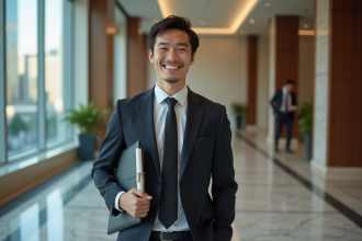 Jeune homme diplômé dans un lobby élégant avec vue urbaine