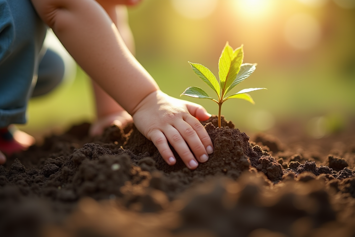 Enfant plantant une jeune pousse dans le sol en extérieur