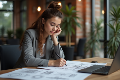 Jeune femme en blazer dans un bureau moderne avec plans architecturaux