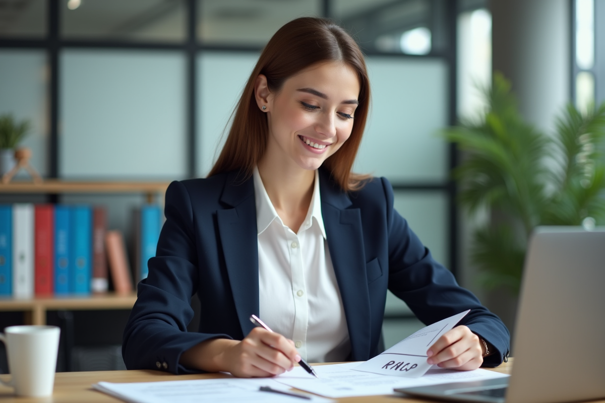 Jeune femme en bureau examinant des documents RNCP