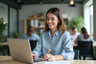 Jeune femme souriante travaillant sur son ordinateur dans un bureau moderne