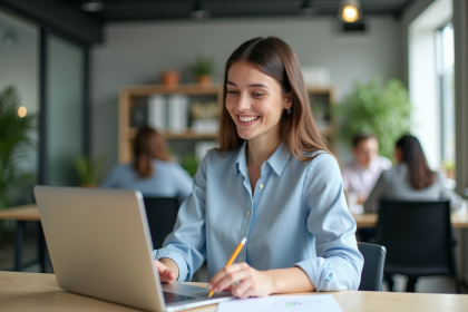 Jeune femme souriante travaillant sur son ordinateur dans un bureau moderne