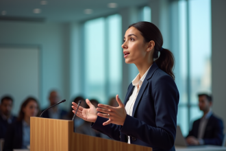 Jeune femme conférencière en blazer navy lors d'une présentation