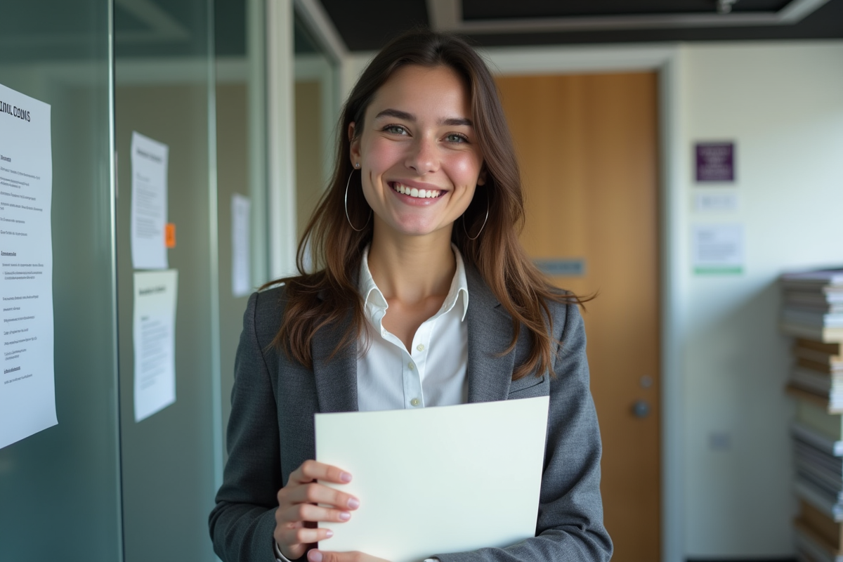 Jeune femme souriante avec un diplôme dans un bureau moderne