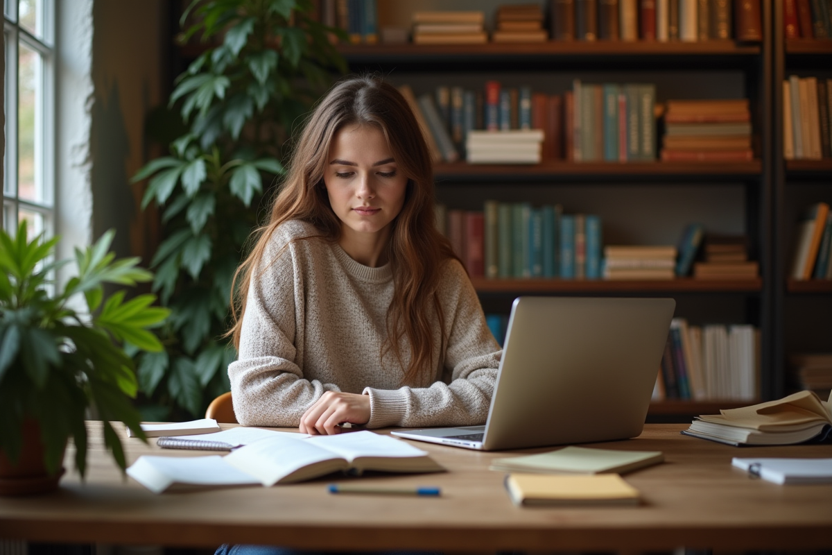 Jeune femme concentrée à étudier dans une bibliothèque chaleureuse