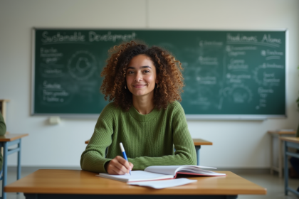 Jeune femme en classe prenant des notes sur le développement durable