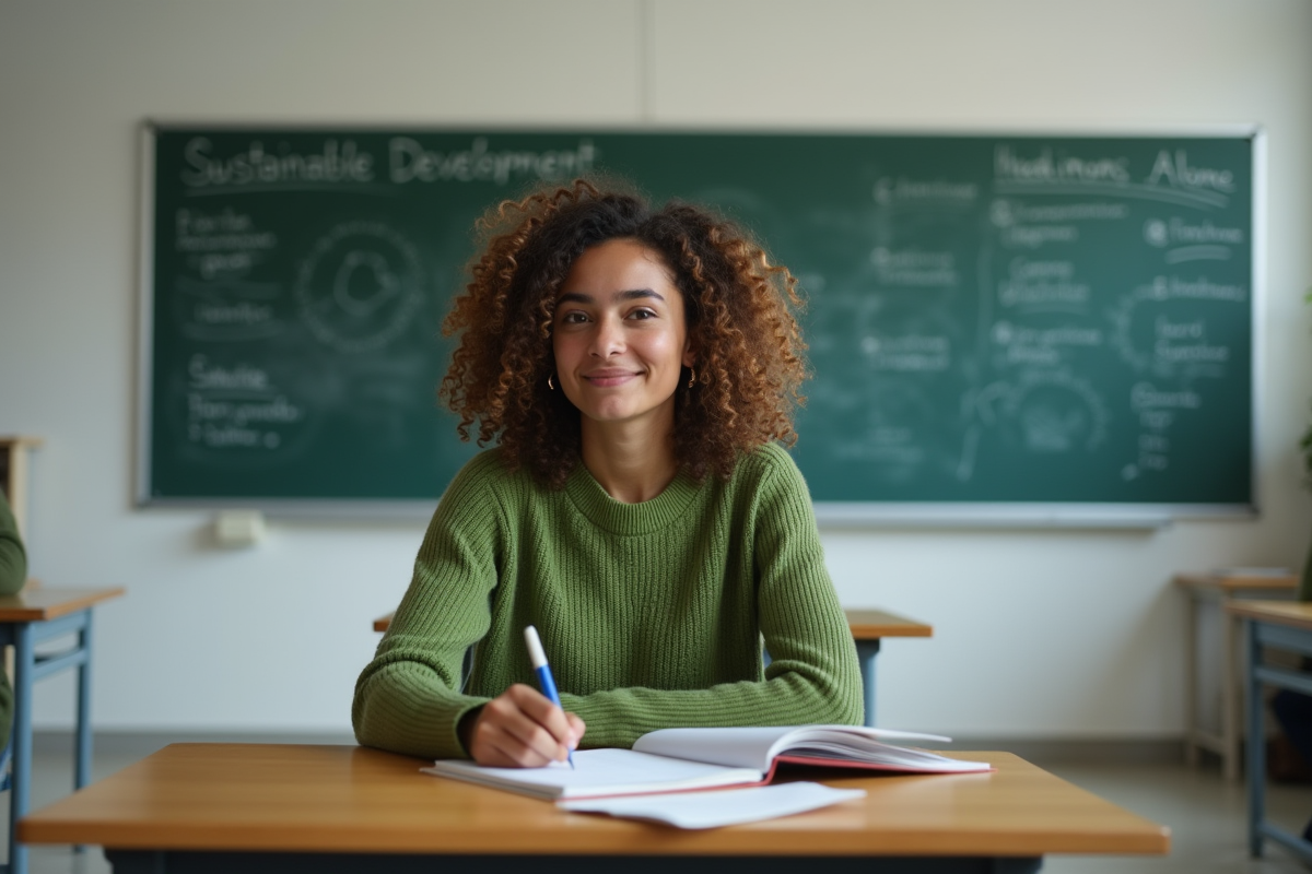 Jeune femme en classe prenant des notes sur le développement durable