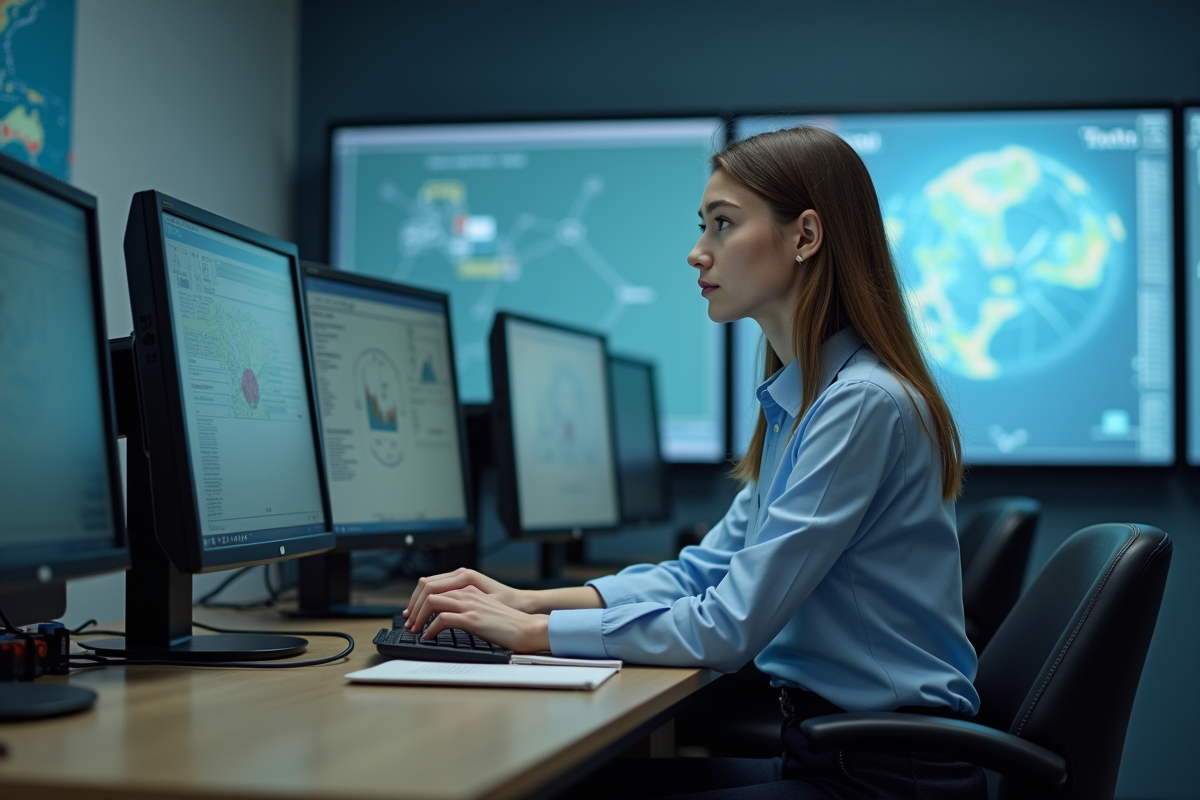Jeune femme en formation dans un simulateur de contrôle aérien