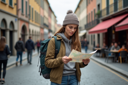 Jeune femme voyageant en Europe avec carte et sac à dos