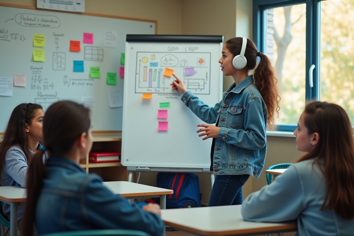 Jeune fille en présentation devant un tableau en classe
